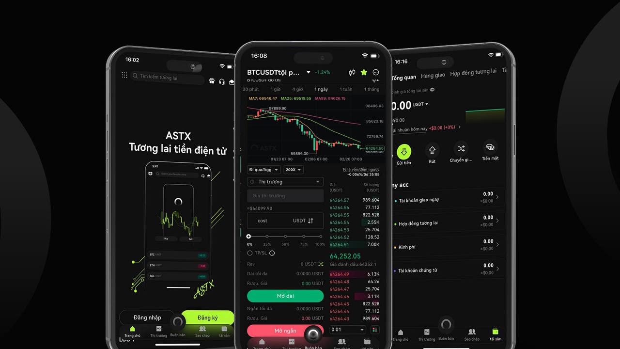 Hình ảnh giao diện khác nhau của ứng dụng di động Astx.